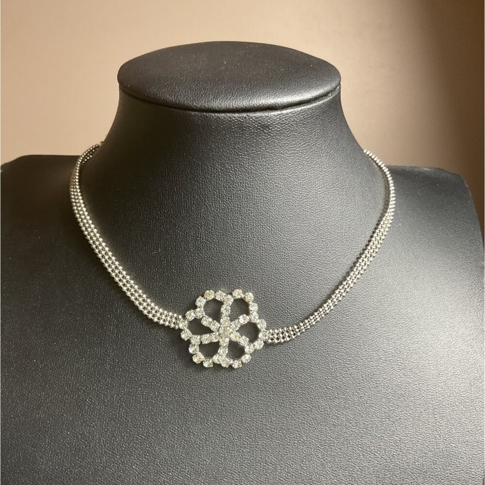 Silver-Tone Rhinestone Necklace With Crystal Floral Pendant Choker